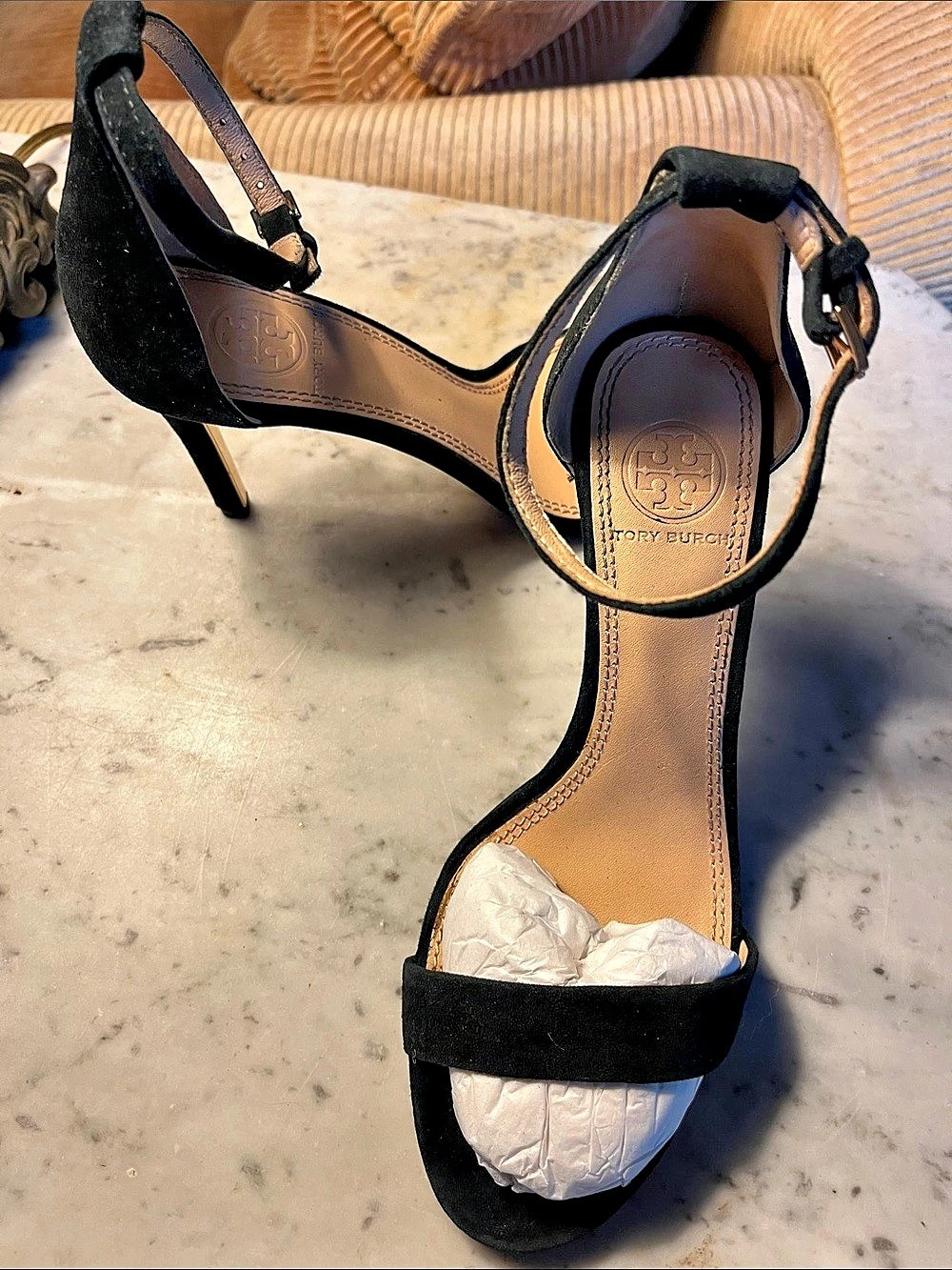 Tory Burch Black Suede Gold Heel Ankle Strap Sandals